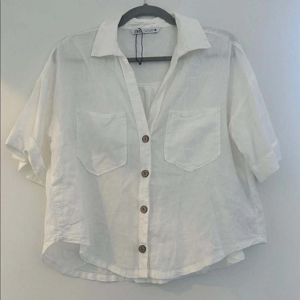 NEW ZARA button down linen blend crop shirt - Picture 4 of 6